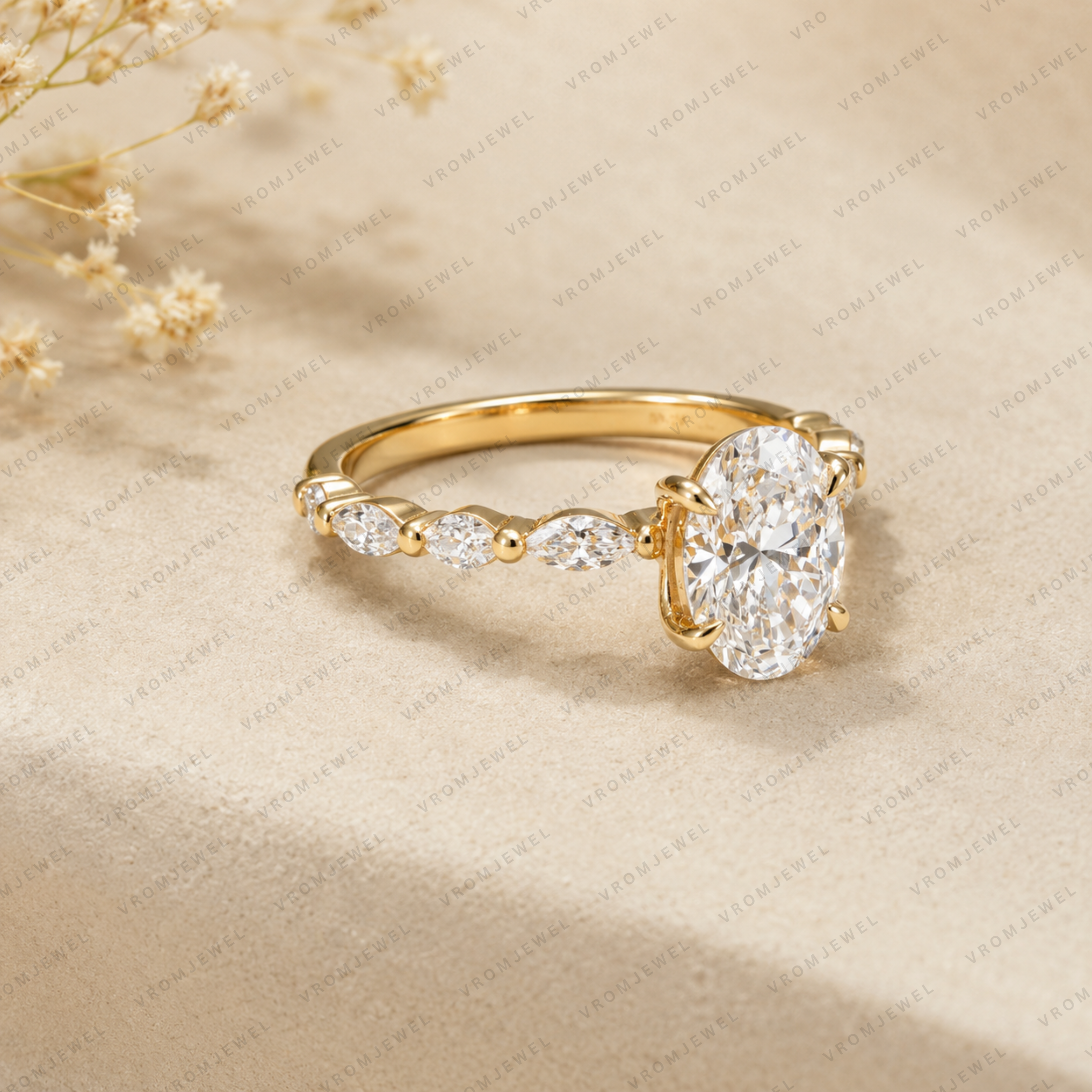 Oval Lab Grown Diamond Engagement Ring with Marquise & Round Halo in Solid 14K Gold