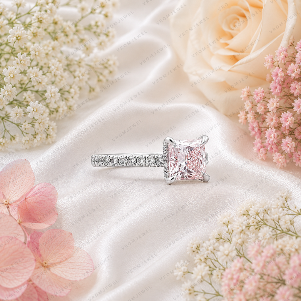 Pink Princess Cut Lab Grown Diamond Engagement Ring, Pavé Diamond Band, Minimalist Pink Diamond Ring, Elegant Bridal Ring, 10K 14K 18K Gold