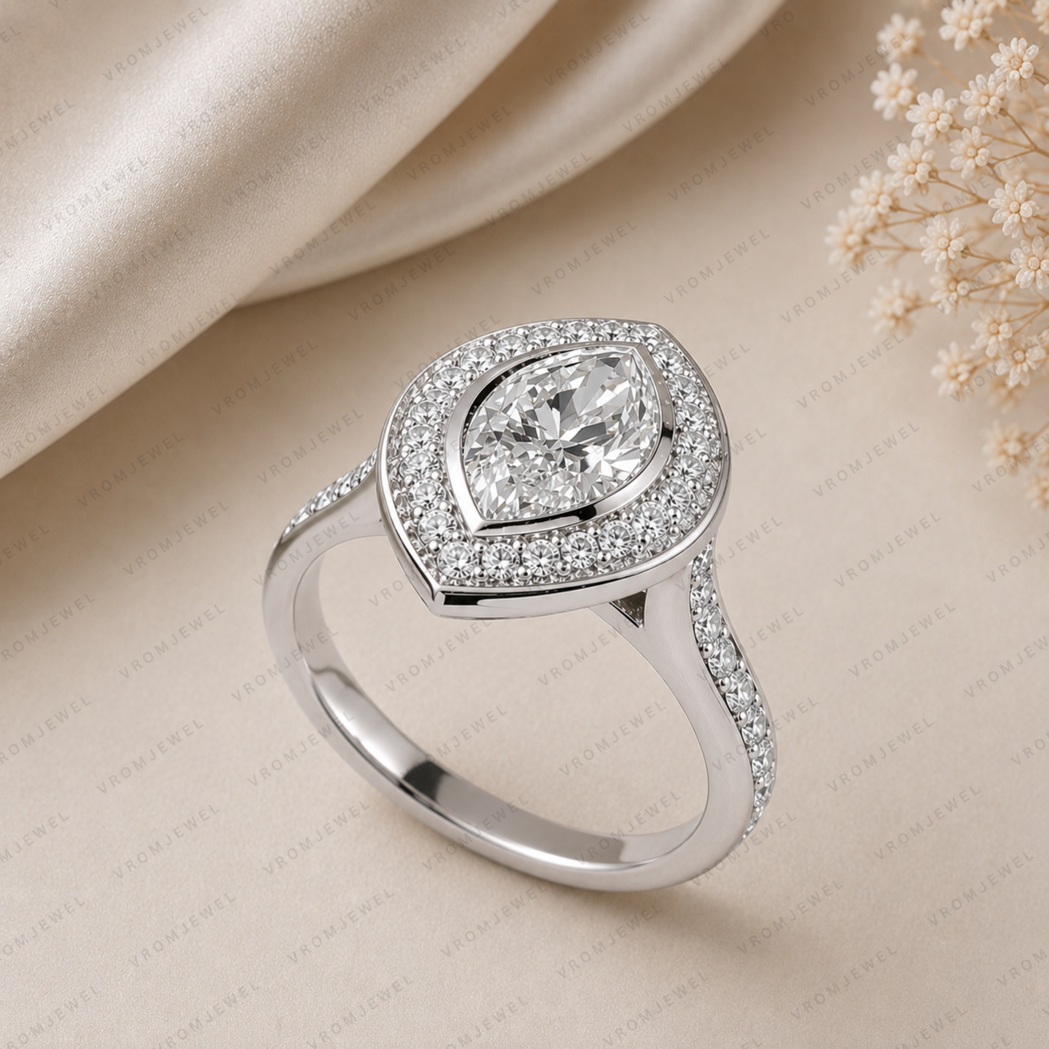 Elegant Marquise Lab Grown Diamond Bezel Set Halo Engagement Ring