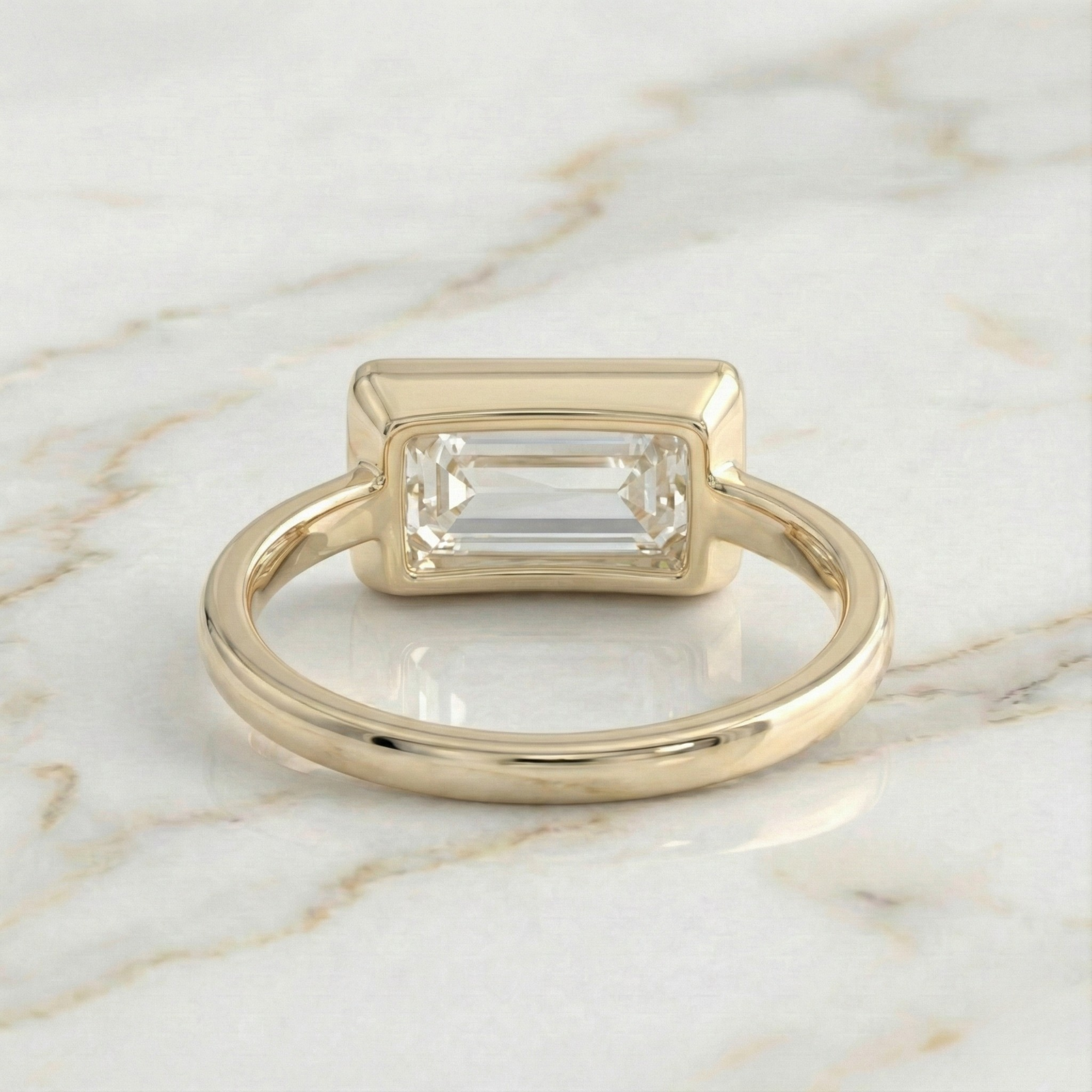 Baguette Cut East West Bezel Set Solitaire Ring | Lab Grown Diamond | 14K Yellow Gold