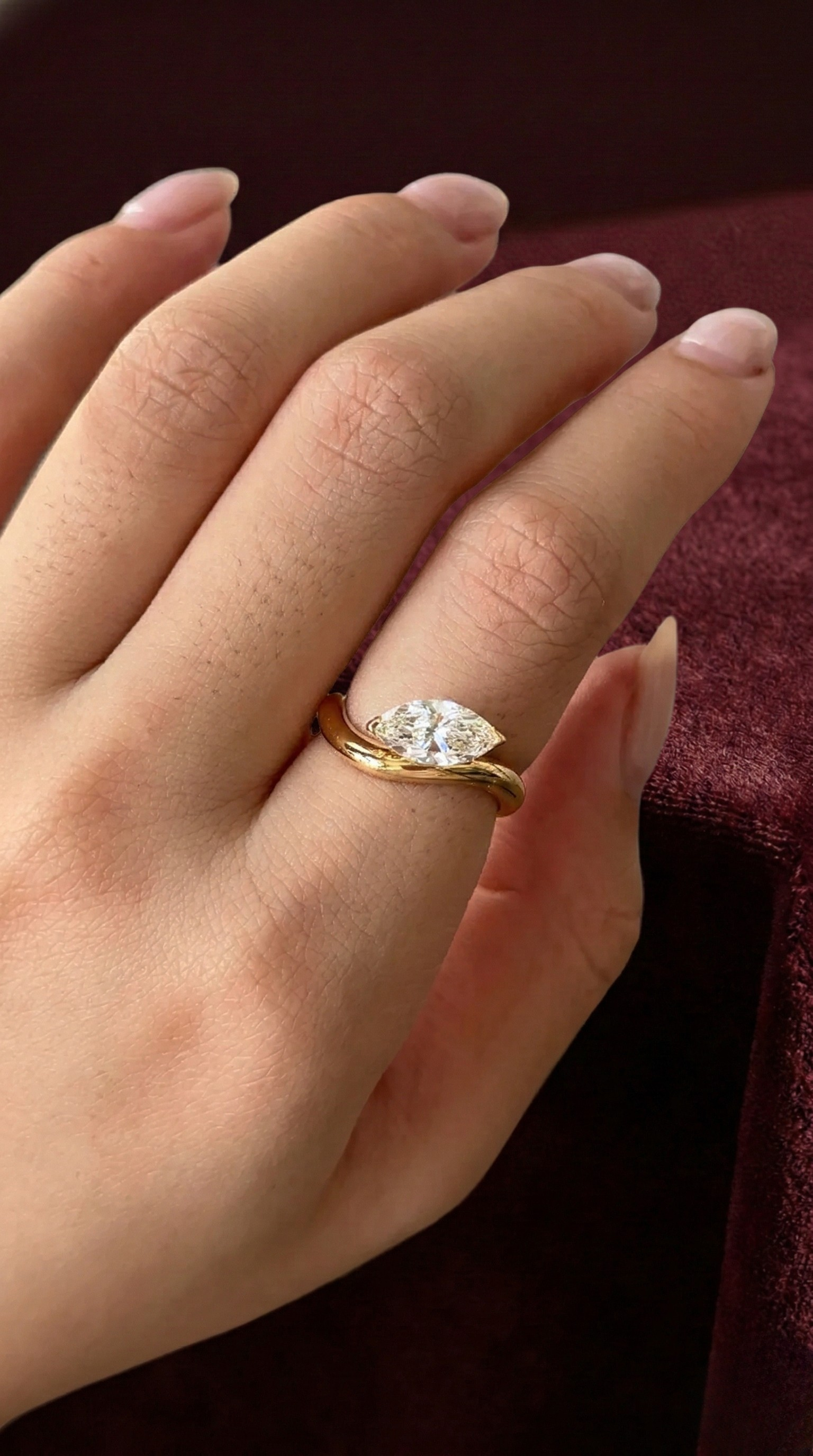 Marquise Lab Grown Diamond Ring, Minimalist Marquise Solitaire Engagement Ring, 14K Yellow Gold Open Ring, Modern Diamond Ring