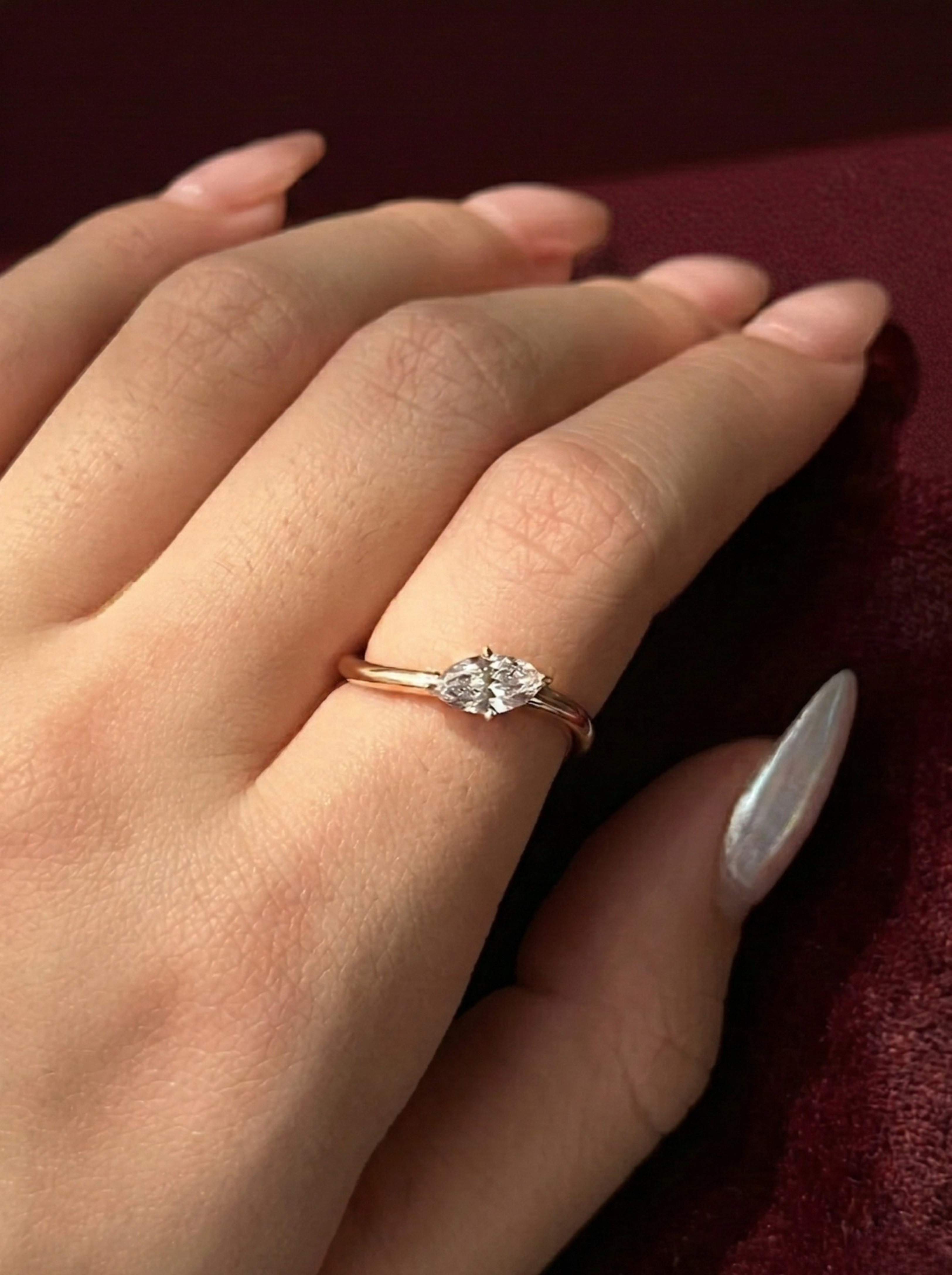 Marquise Lab Grown Diamond Ring, Minimalist Marquise Solitaire Engagement Ring, 14K Yellow Gold Open Ring, Modern Diamond Ring