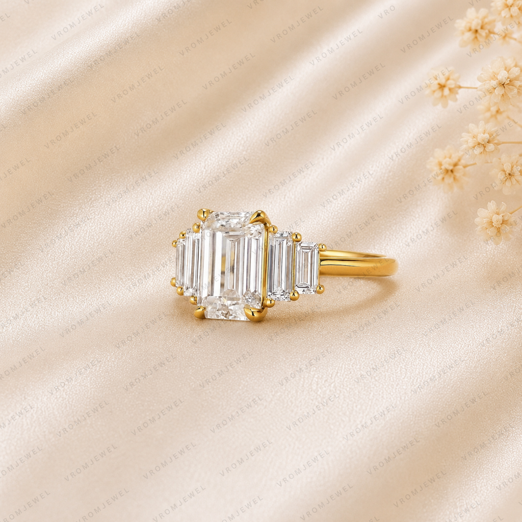 Emerald Cut Lab Grown Diamond Engagement Ring | 14K Gold Baguette Bar Ring