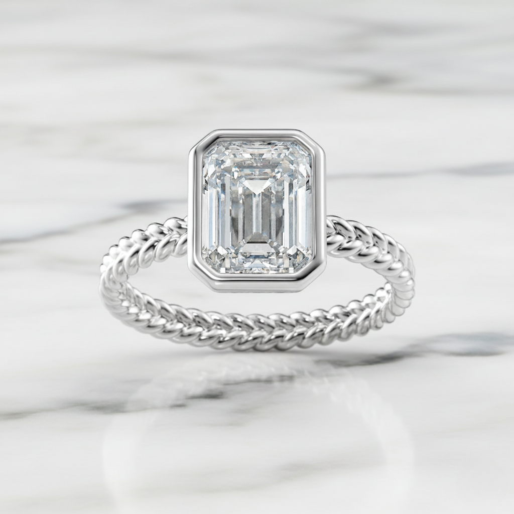 Modern Twisted Rope Emerald Cut Ring | Lab Grown Diamond | 14K Yellow Gold Classic Style