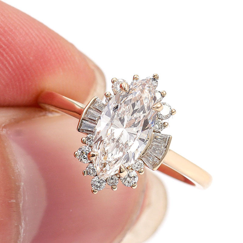 Art Deco Marquise Cut Ring with Tapered Baguette and Round Halo | Lab Grown Diamond | 14K Yellow Gold