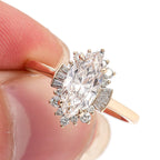 Art Deco Marquise Cut Ring with Tapered Baguette and Round Halo | Lab Grown Diamond | 14K Yellow Gold