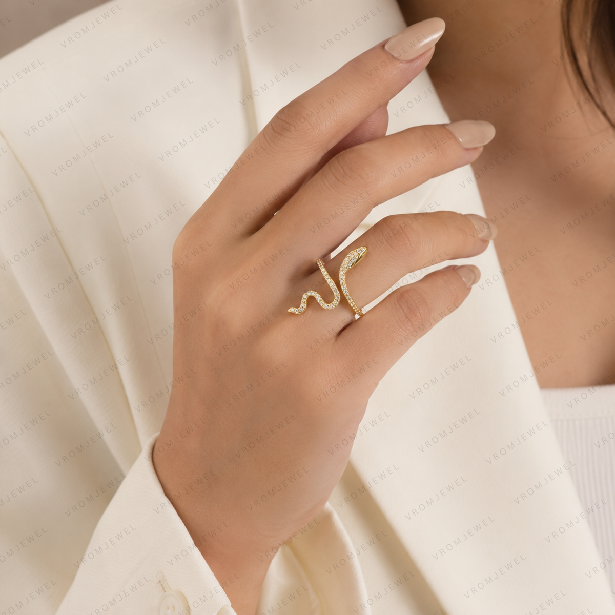 Snake Lab Grown Diamond Ring, Diamond Snake Ring, Serpent Wrap Ring, Solid Gold Snake Ring, Open Wrap Ring, Minimalist Statement Ring