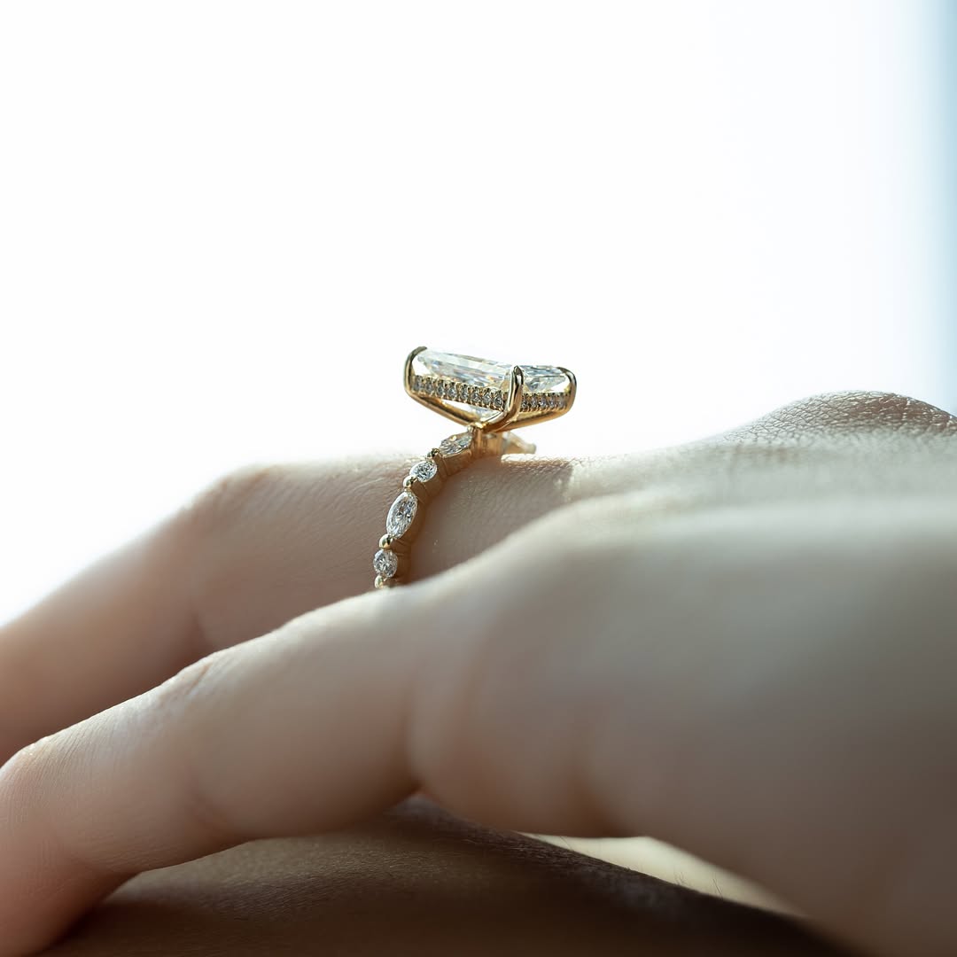 3CT Radiant Cut Solitaire Ring with Marquise Accent | Lab Grown Diamond | 14K Yellow Gold