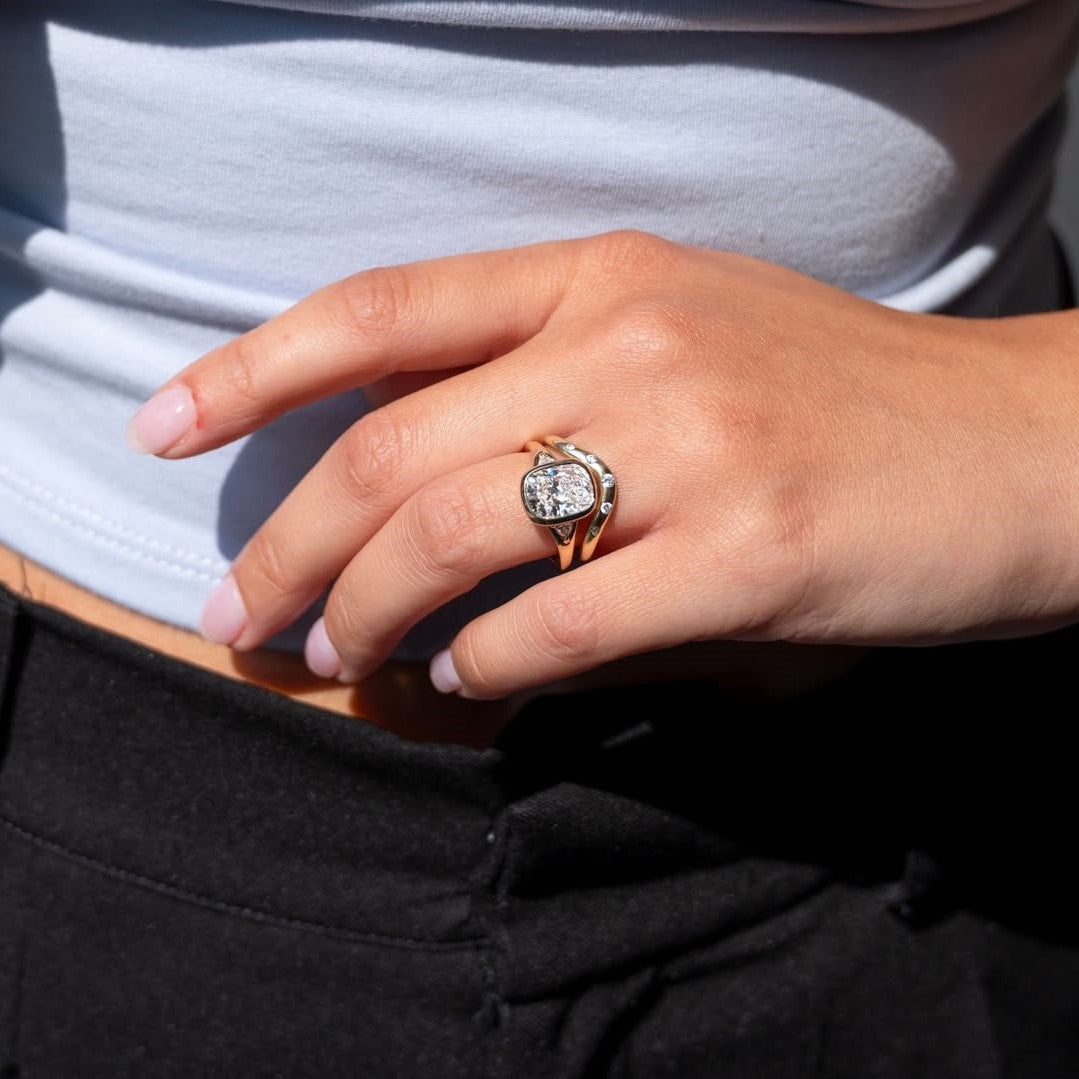 Modern Cushion Bezel Setting Engagement Ring with Triangle Accent | Lab Grown Diamond | 14K Yellow Gold