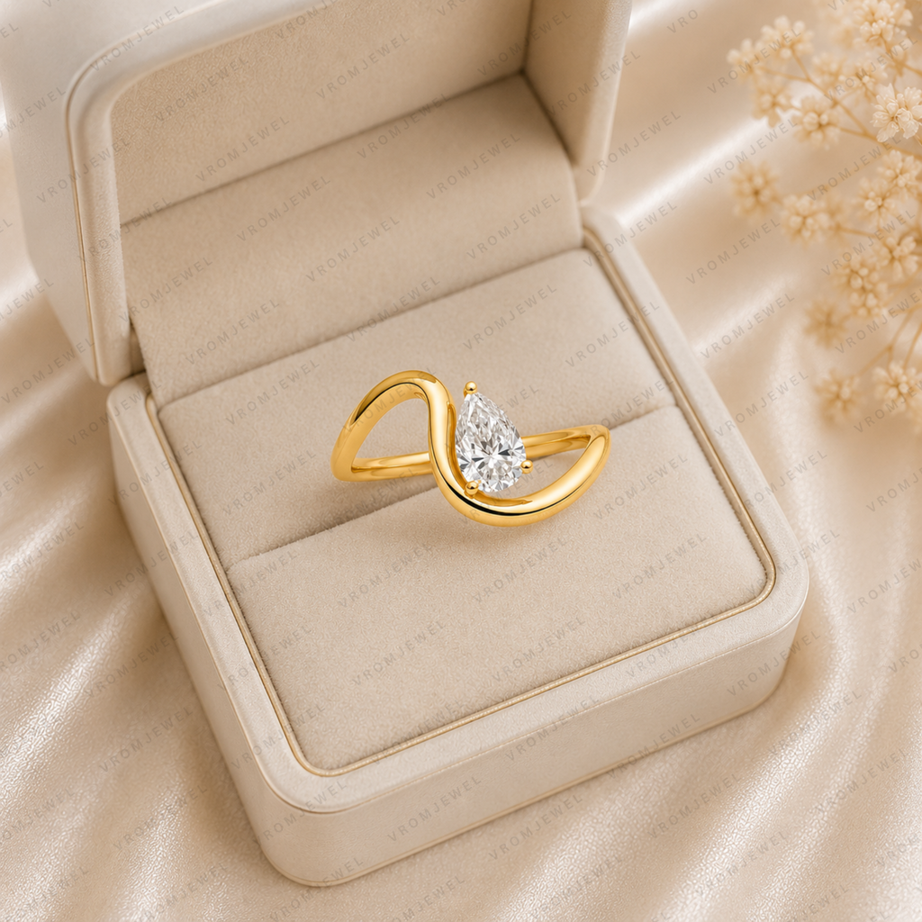 Pear Diamond Wave Engagement Ring | Lab Grown | 14K Gold Solitaire