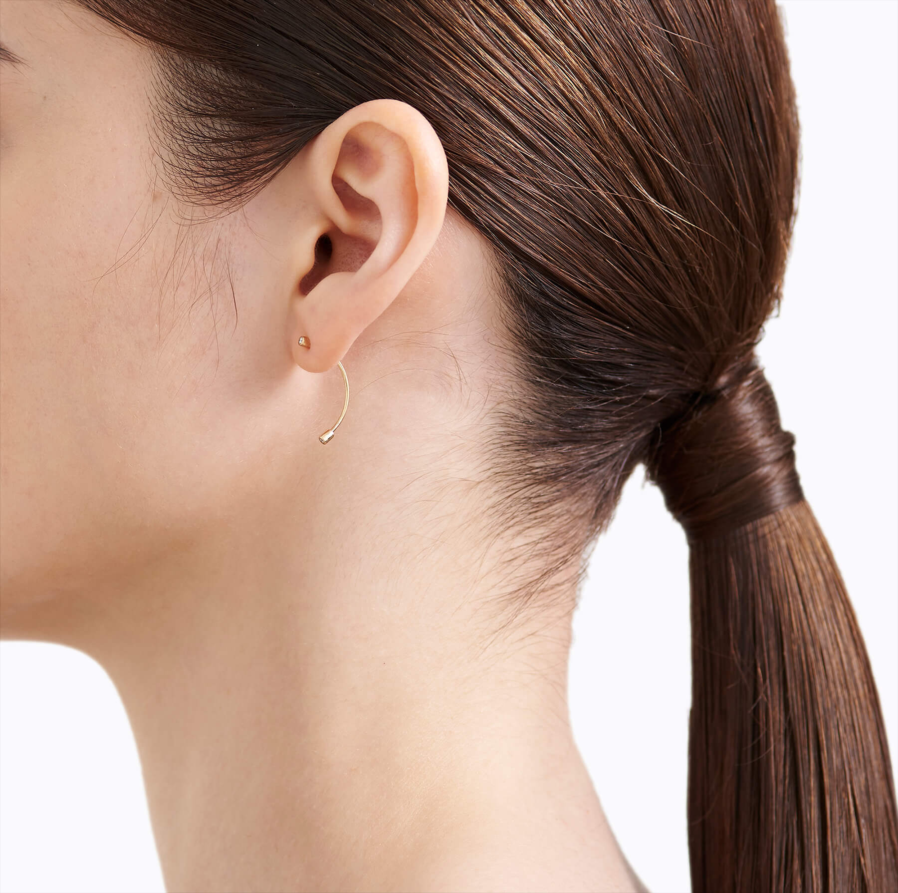 Minimal Curved Bar Dot Earrings | Lab Grown Diamond | 14K Yellow Gold Sleek Line Design