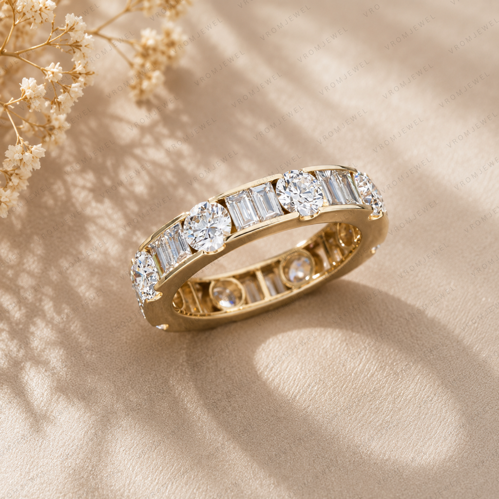 Lab Grown Diamond Eternity Band: 14K Gold Alternating Round & Baguette Anniversary Ring