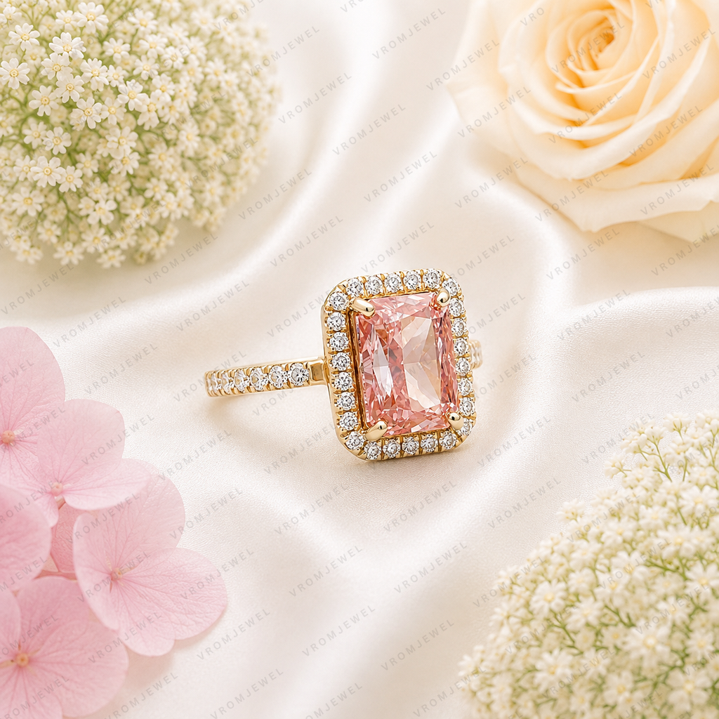 Pink Radiant Cut Lab Grown Diamond Engagement Ring, Halo Diamond Ring, Pink Diamond Ring, Pavé Band, 4 Prong Setting, 10K 14K 18K Gold