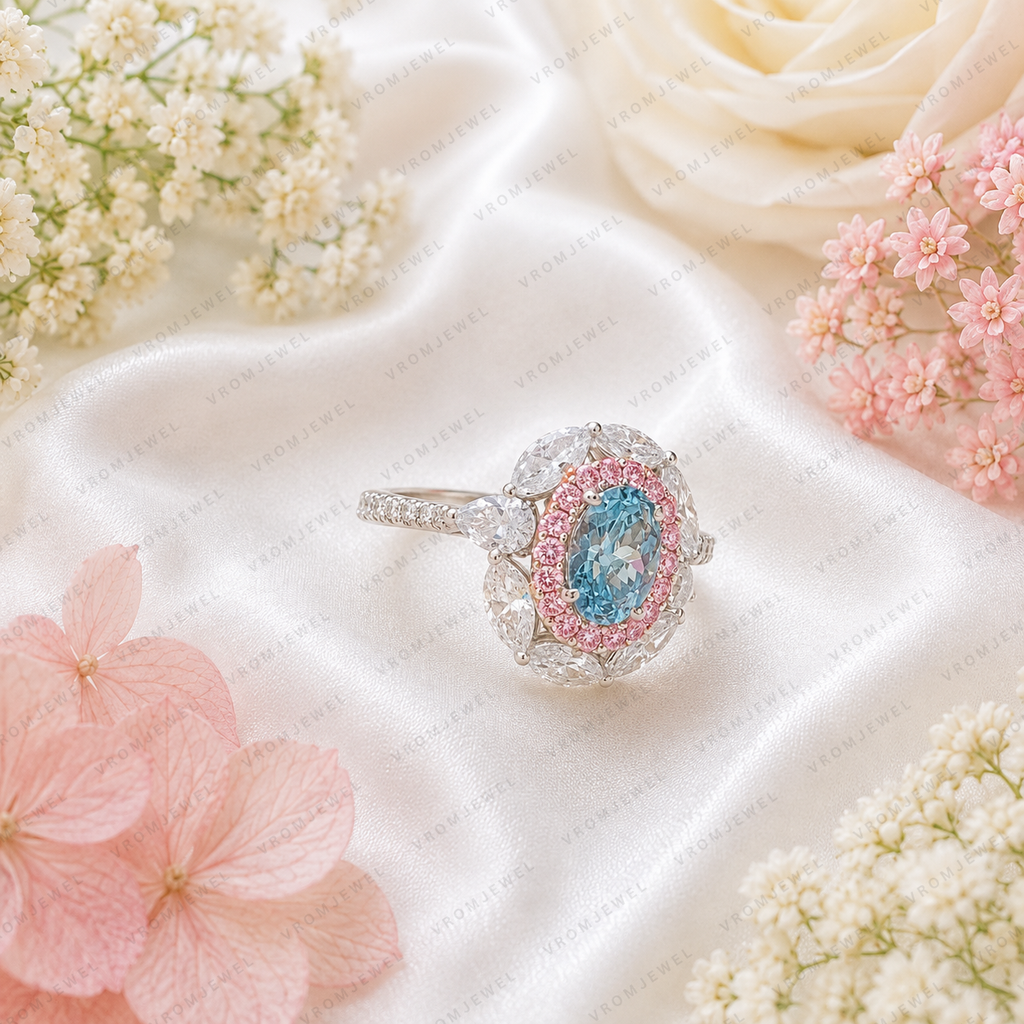 Blue Oval Lab Grown Diamond Ring, 1.30 Carat Blue Diamond Engagement Ring, Pink Round & F Color Marquise Accents, Floral Halo Ring