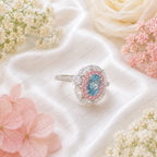 Blue Oval Lab Grown Diamond Ring, 1.30 Carat Blue Diamond Engagement Ring, Pink Round & F Color Marquise Accents, Floral Halo Ring