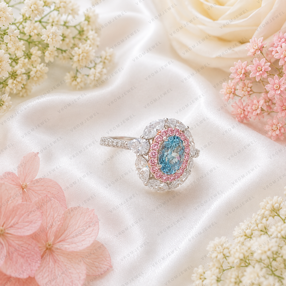 Blue Oval Lab Grown Diamond Ring, 1.30 Carat Blue Diamond Engagement Ring, Pink Round & F Color Marquise Accents, Floral Halo Ring