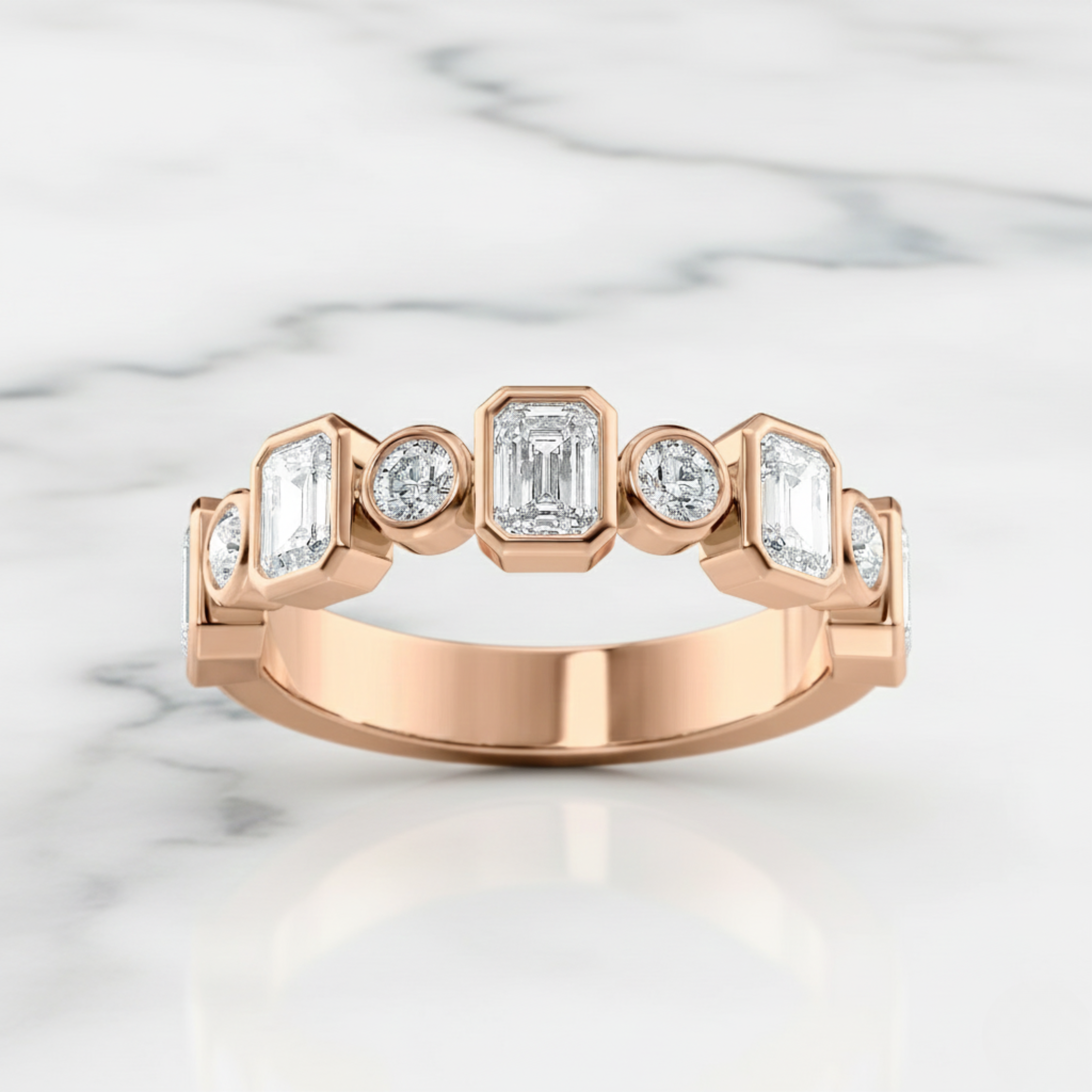 Bezel Set Emerald & Round Cut Band | Lab Grown Diamond | 14K Yellow Gold Minimal Style
