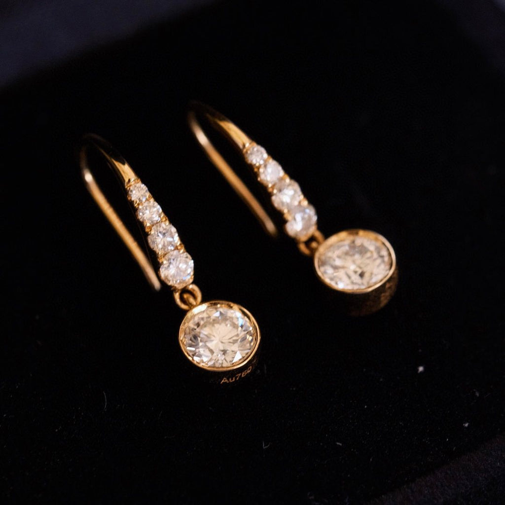 Drop Earrings Bezel Set Dangle | Lab Grown Diamond | 14K Yellow Gold Art Deco Style