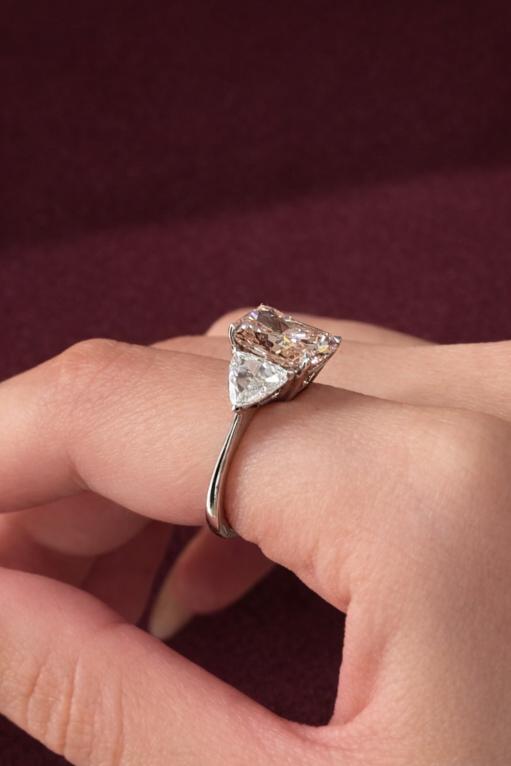 Pink Radiant Diamond Engagement Ring, Three Stone Diamond Ring with Trillion Side Stones, Unique Pink Diamond Ring, Luxury Engagement Ring