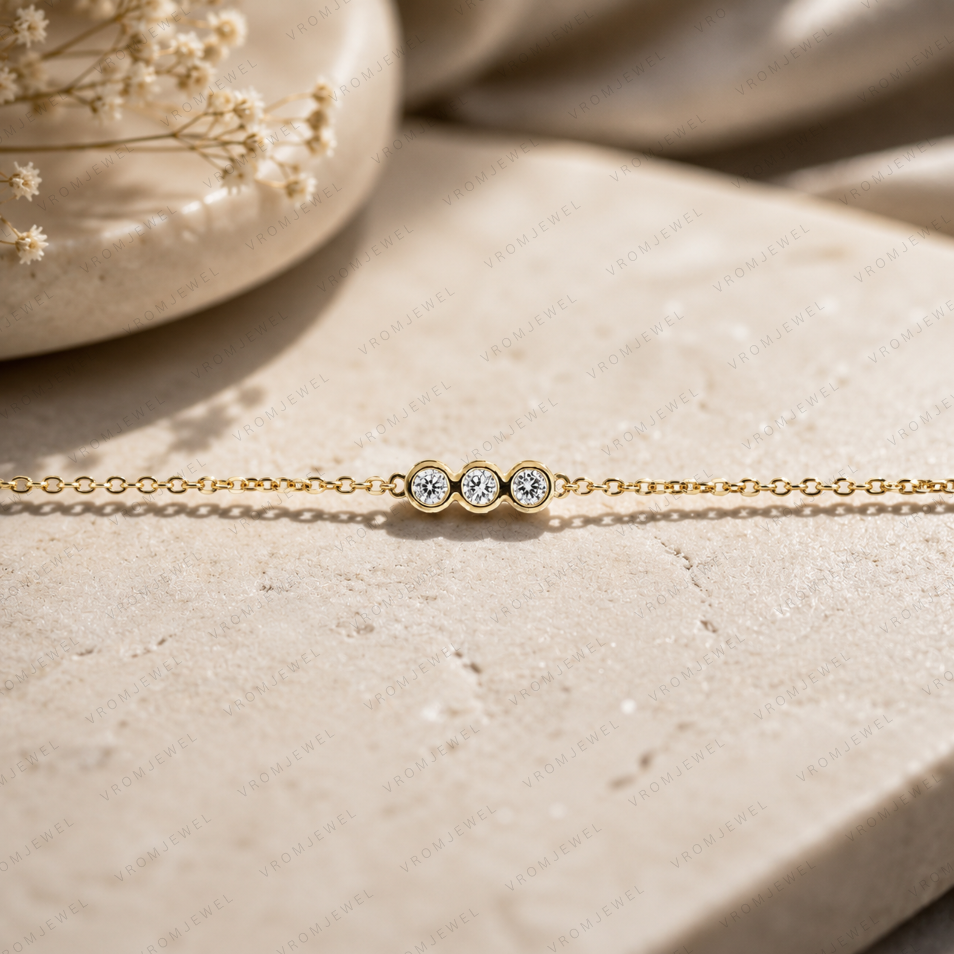 Dainty Trio Round Lab Grown Diamond Bracelet in Solid 14K Gold