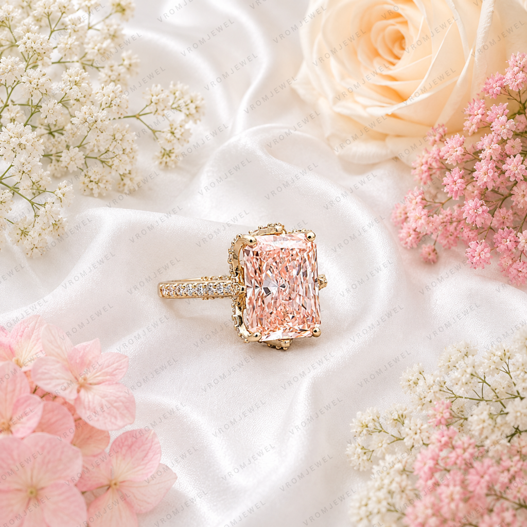 Pink Radiant Lab Grown Diamond Halo Engagement Ring, Pavé Diamond Band, Pink Diamond Ring, 10K 14K 18K Gold