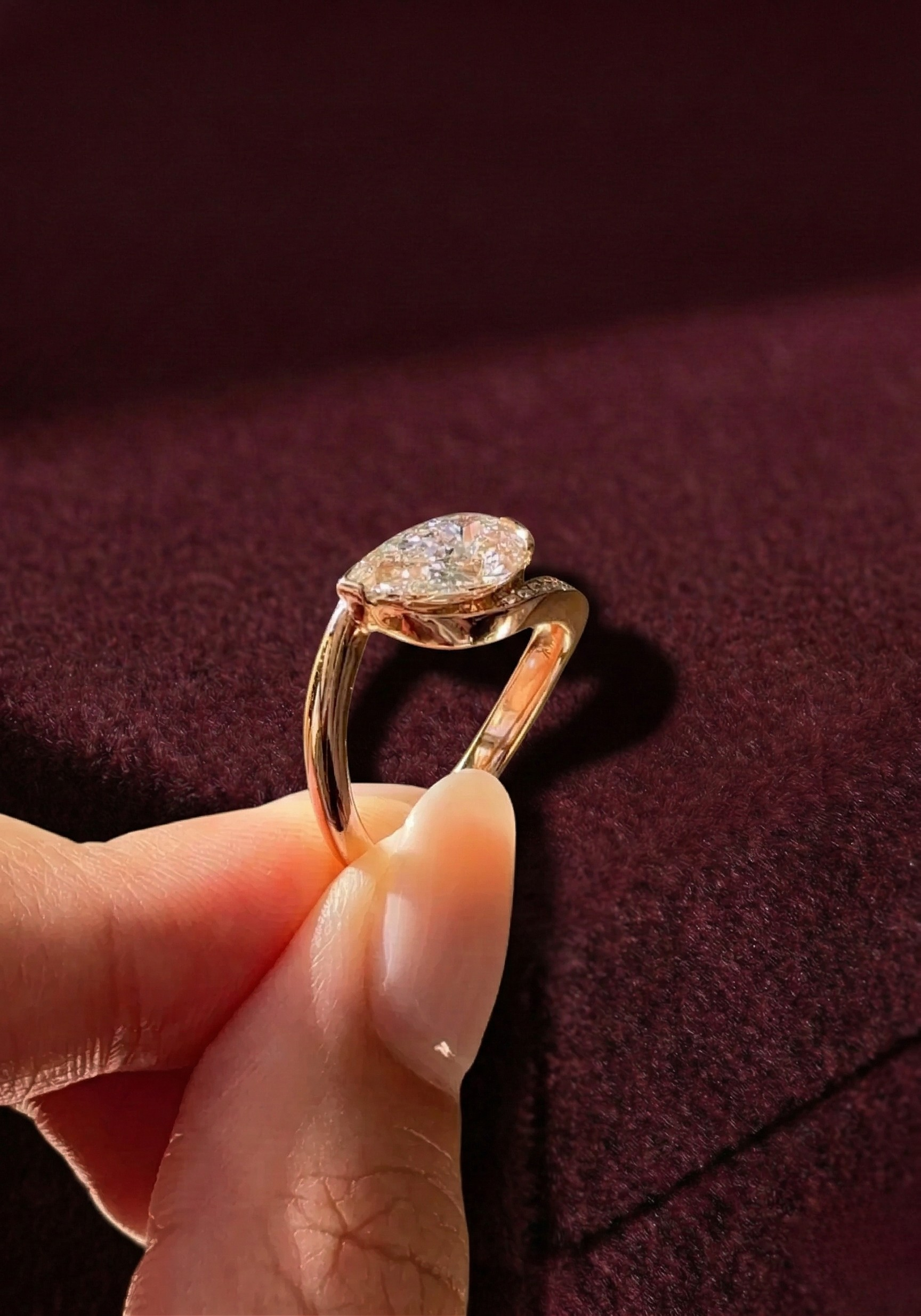 Pear Lab Grown Diamond Engagement Ring, 1.55 Carat Pear Diamond Ring with Side Diamonds, Modern Bypass Diamond Ring, Unique Proposal Ring