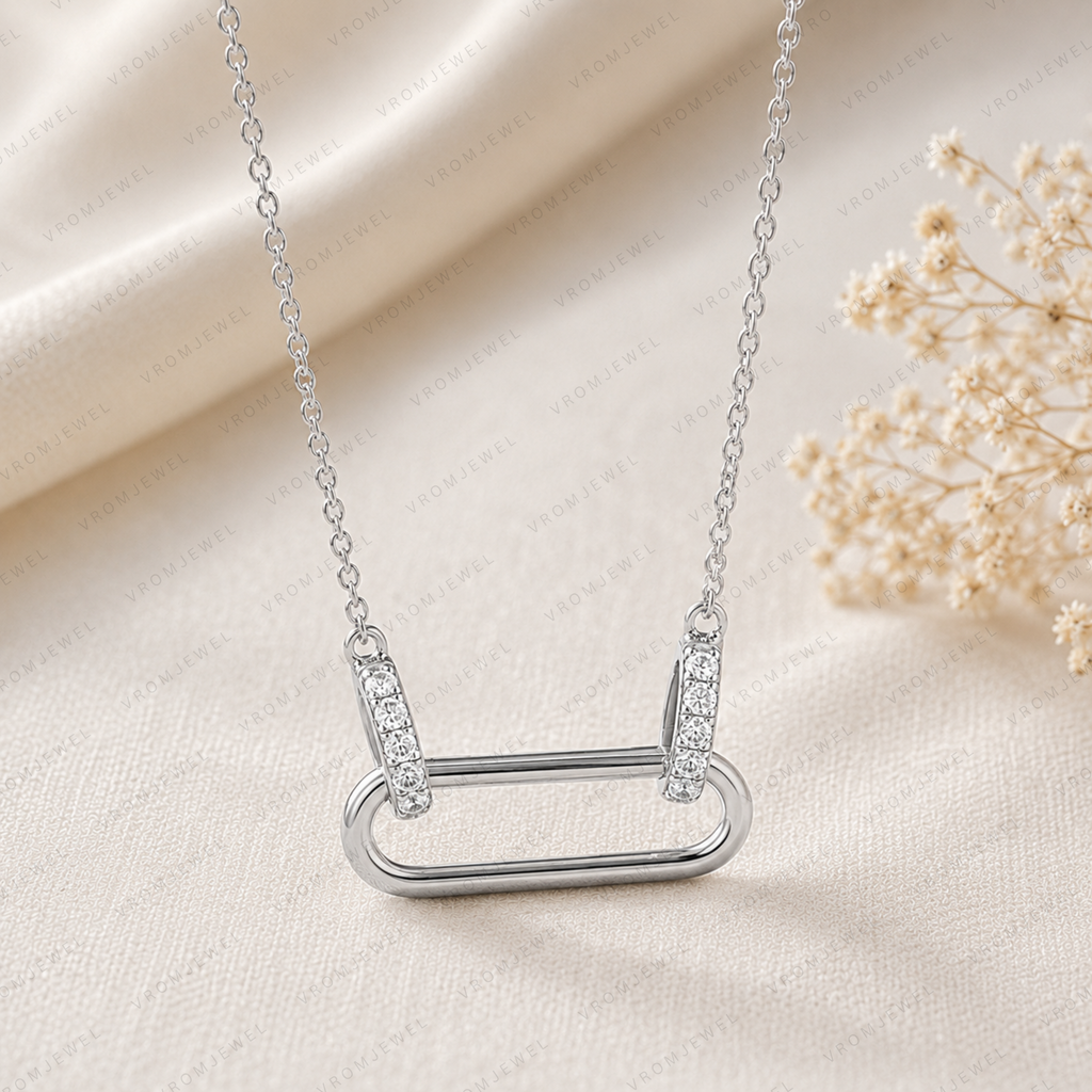 Geometric Link Necklace, Lab Grown Diamond Link Pendant, Paperclip Style Necklace, Solid Gold Necklace, Modern Minimalist Necklace