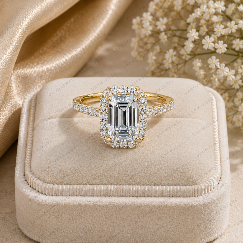 Emerald Cut Lab Grown Diamond Halo Bridal Engagement Ring in 14K/18K Gold