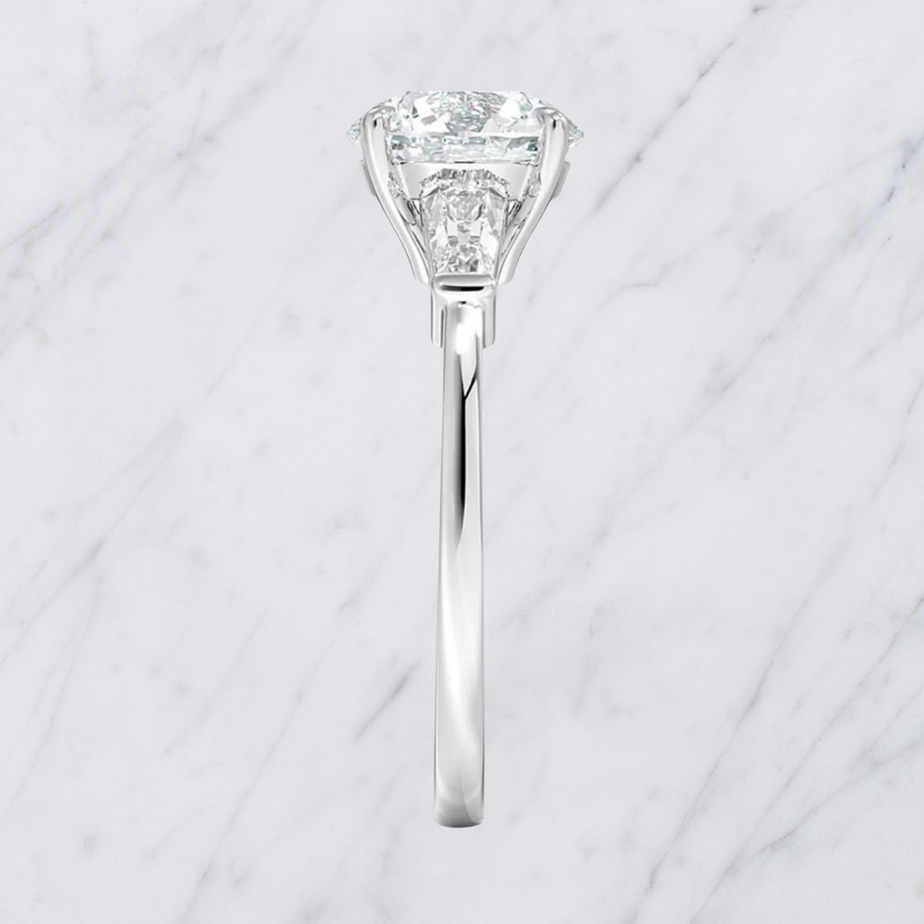 Round Engagement Ring | Lab Grown Diamond | Tapered Baguette Side Stones | 14K Yellow Gold