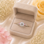 Round Lab Grown Diamond Engagement Ring, F Color Diamond Ring, Pink Diamond Side Stones, Three Stone Ring, Floral Inspired Ring, 10K 14K 18K
