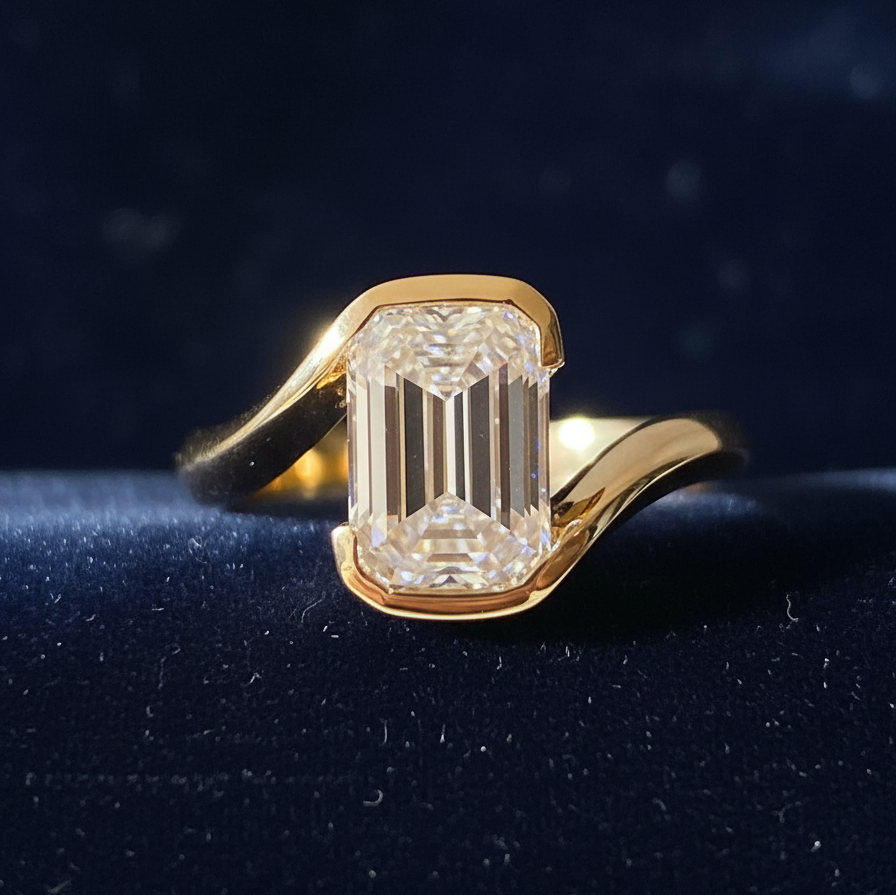 Modern Emerald Cut Bezel Bypass Ring | Lab Grown Diamond | 14K Yellow Gold