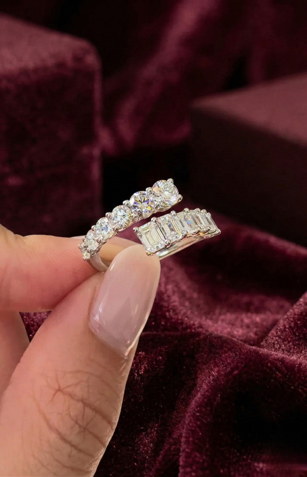 Graduated Round & Emerald Lab Grown Diamond Twist Ring, Bypass Diamond Ring, 2.20 Carat Diamond Statement Ring, Unique Engagement Ring