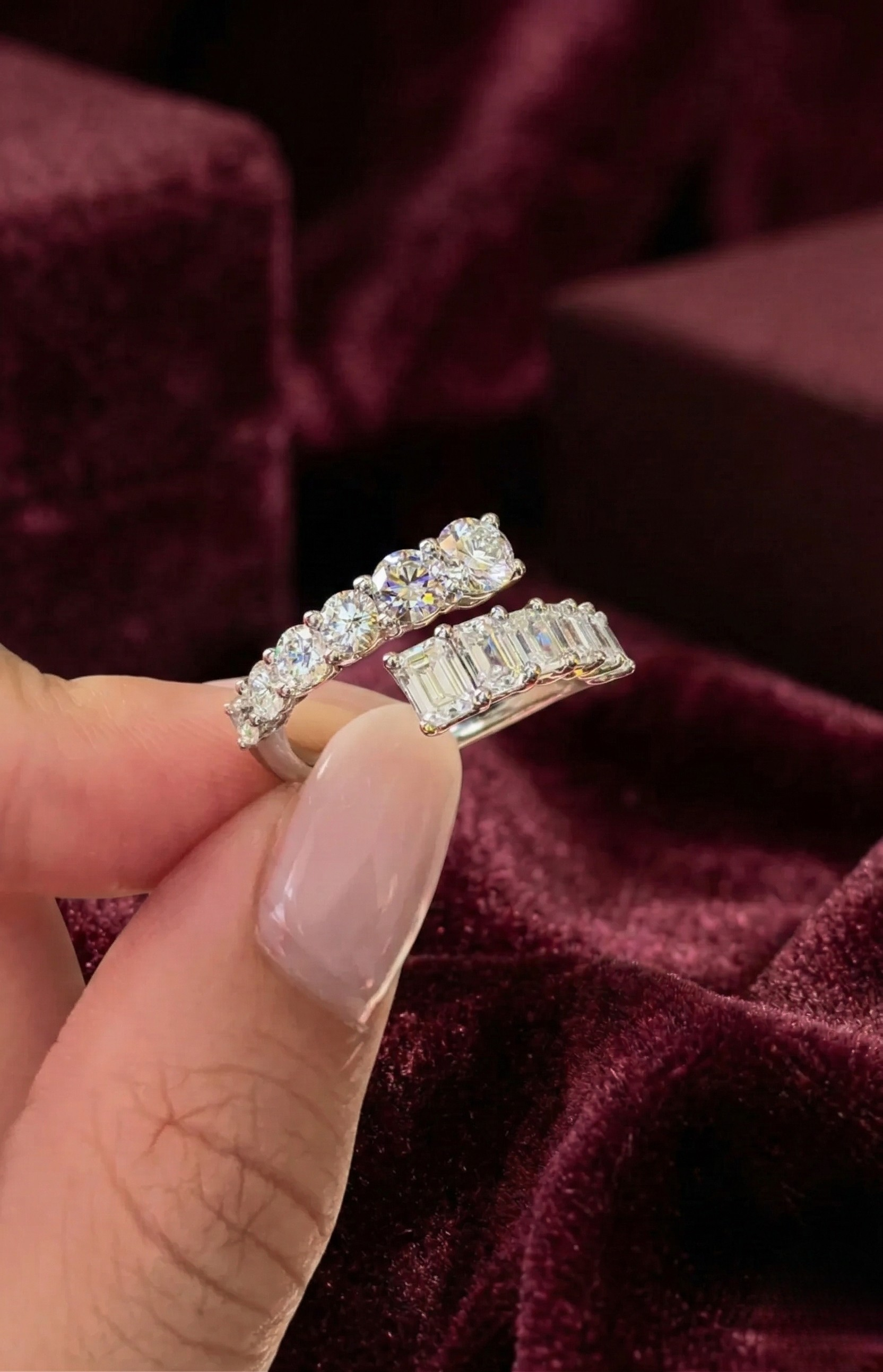 Graduated Round & Emerald Lab Grown Diamond Twist Ring, Bypass Diamond Ring, 2.20 Carat Diamond Statement Ring, Unique Engagement Ring