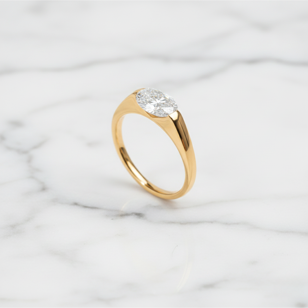Modern Oval Cut East West Ring | Lab Grown Diamond | 14K Yellow Gold Sleek Style