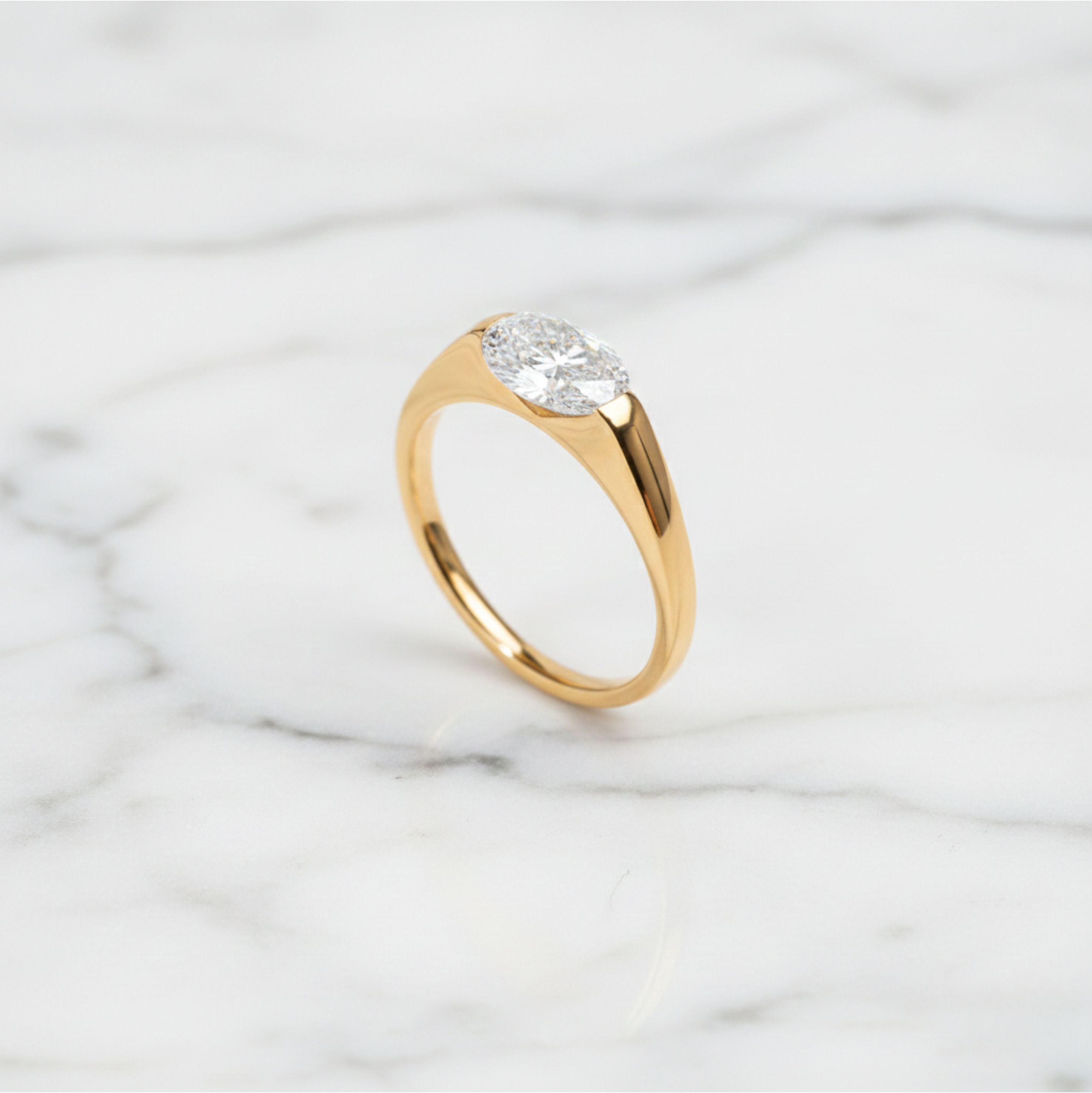 Modern Oval Cut East West Ring | Lab Grown Diamond | 14K Yellow Gold Sleek Style