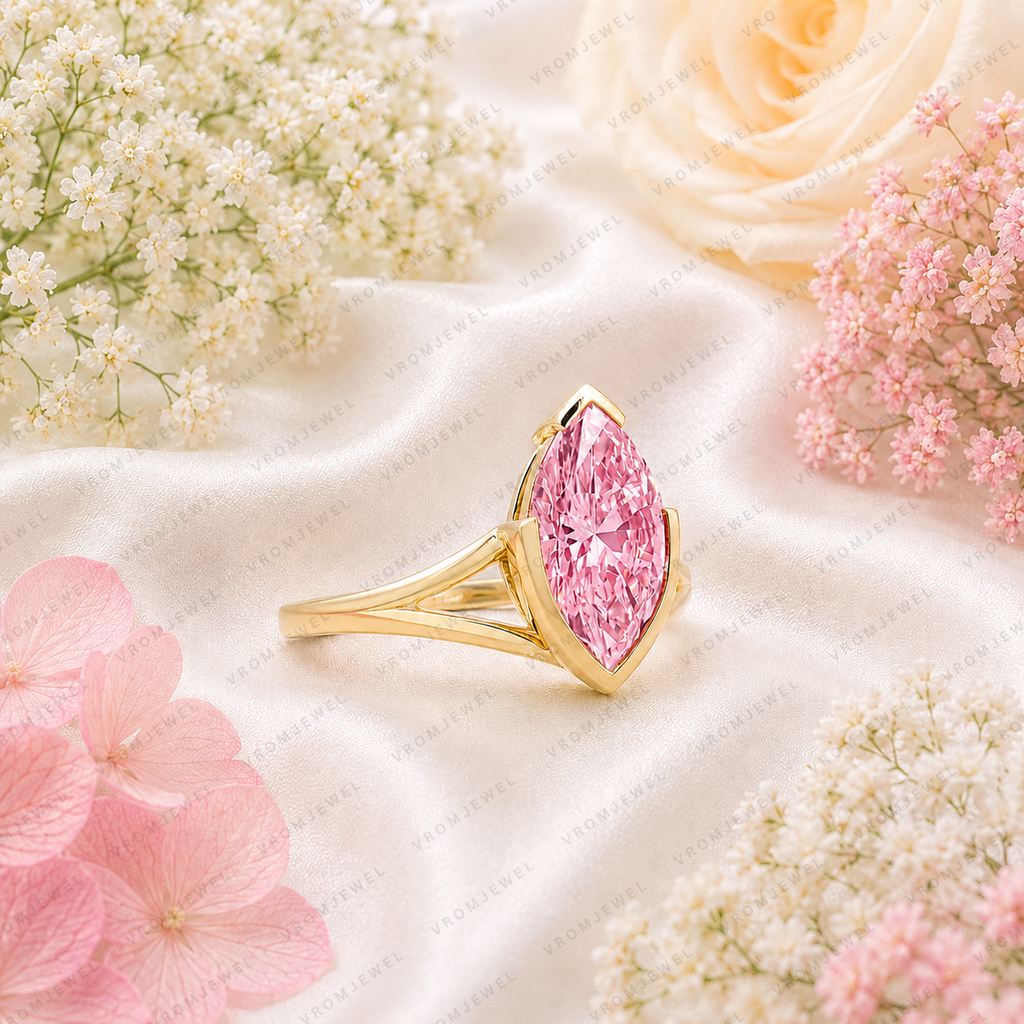 1.50 Ct Marquise Pink Lab Grown Diamond Ring, Pink Diamond Engagement Ring, Modern Marquise Solitaire Ring, Unique Gold Bridal Ring