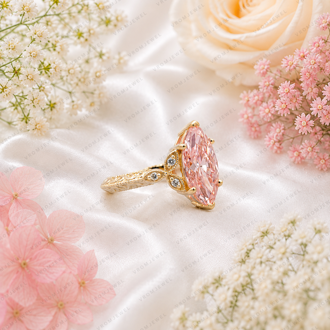 Pink Marquise Lab Grown Diamond Engagement Ring, Vintage Floral Halo Ring, Pavé Diamond Ring, 10K 14K 18K Gold