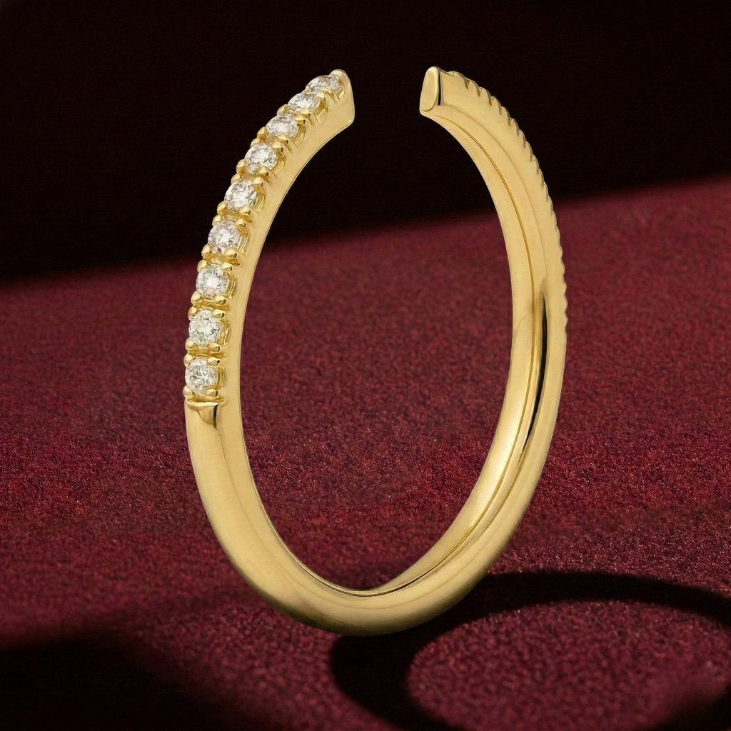 Round Lab Grown Diamond Open Band Ring, Minimalist Diamond Wedding Band, 14K Yellow Gold Stackable Ring, Curved Diamond Band