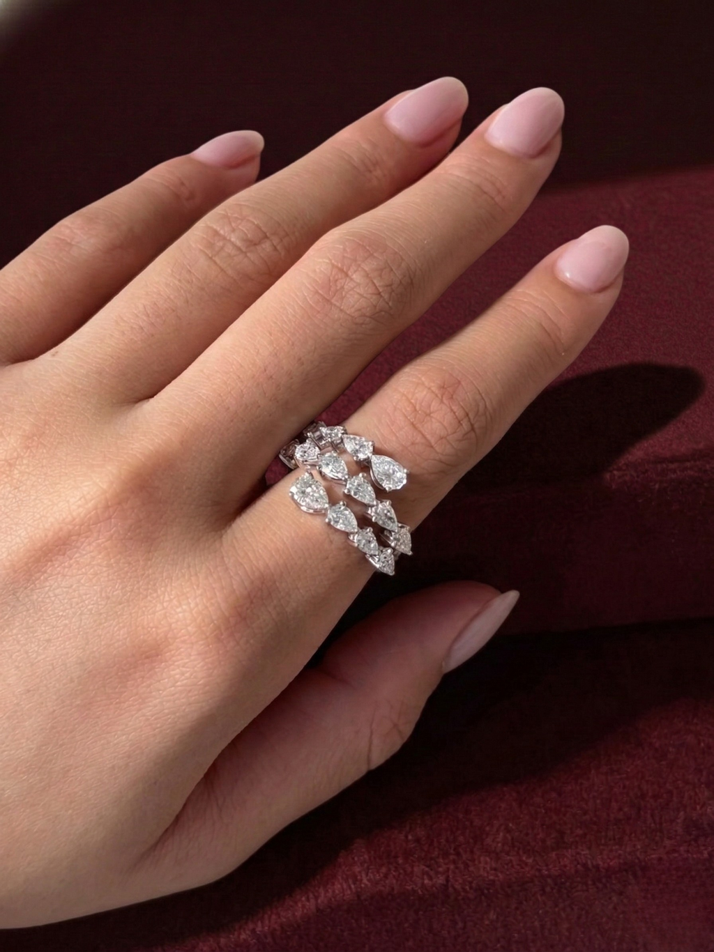 Triple Row Pear Lab Grown Diamond Ring, Pear Diamond Statement Ring, 2.28 Carat Pear Diamond Band, Unique Pear Diamond Anniversary Ring