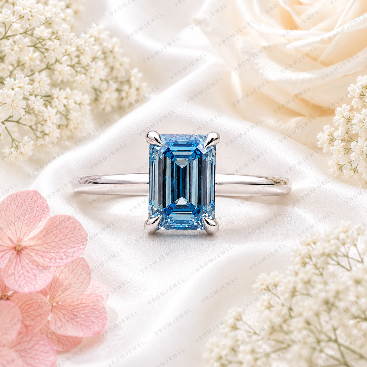 Blue Emerald Cut Lab Grown Diamond Ring, 1.50 Carat Blue Diamond Engagement Ring, Emerald Cut Solitaire Ring, Diamond Accent Setting