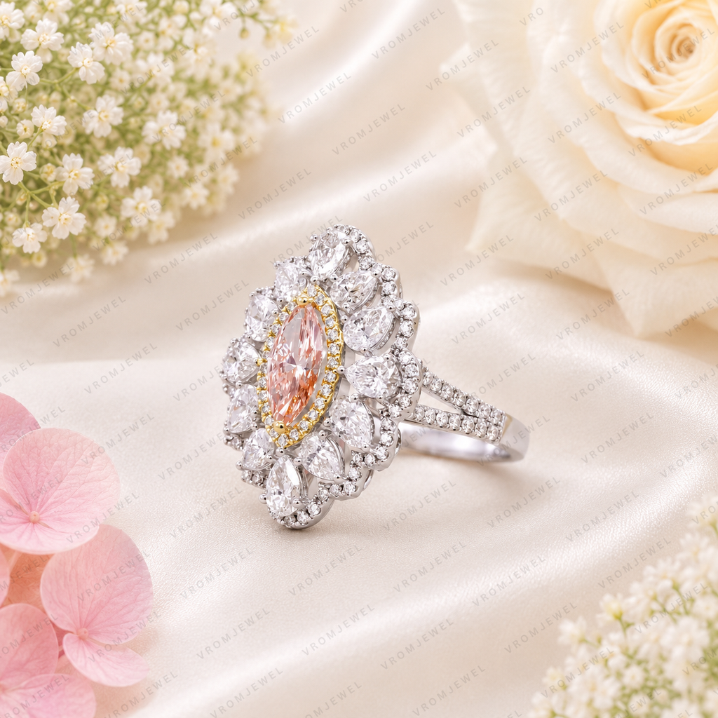 Pink Marquise Lab Grown Diamond Engagement Ring, Floral Halo Ring, Pear Shape Diamond Accents, Pink Diamond Ring, 10K 14K 18K Gold
