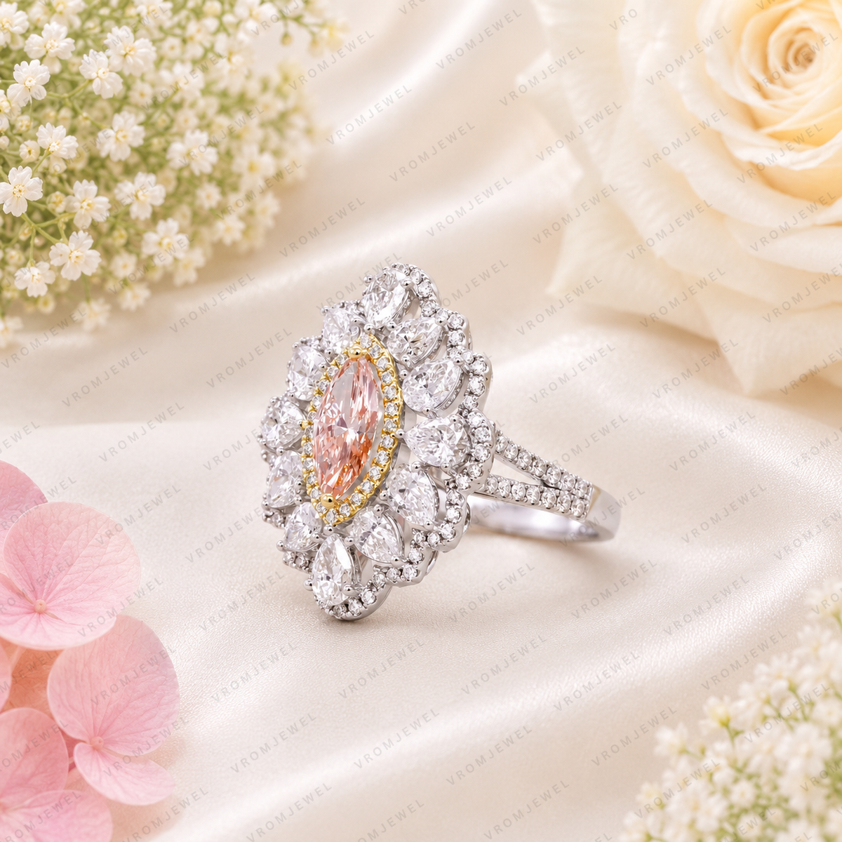 Pink Marquise Lab Grown Diamond Engagement Ring, Floral Halo Ring, Pear Shape Diamond Accents, Pink Diamond Ring, 10K 14K 18K Gold