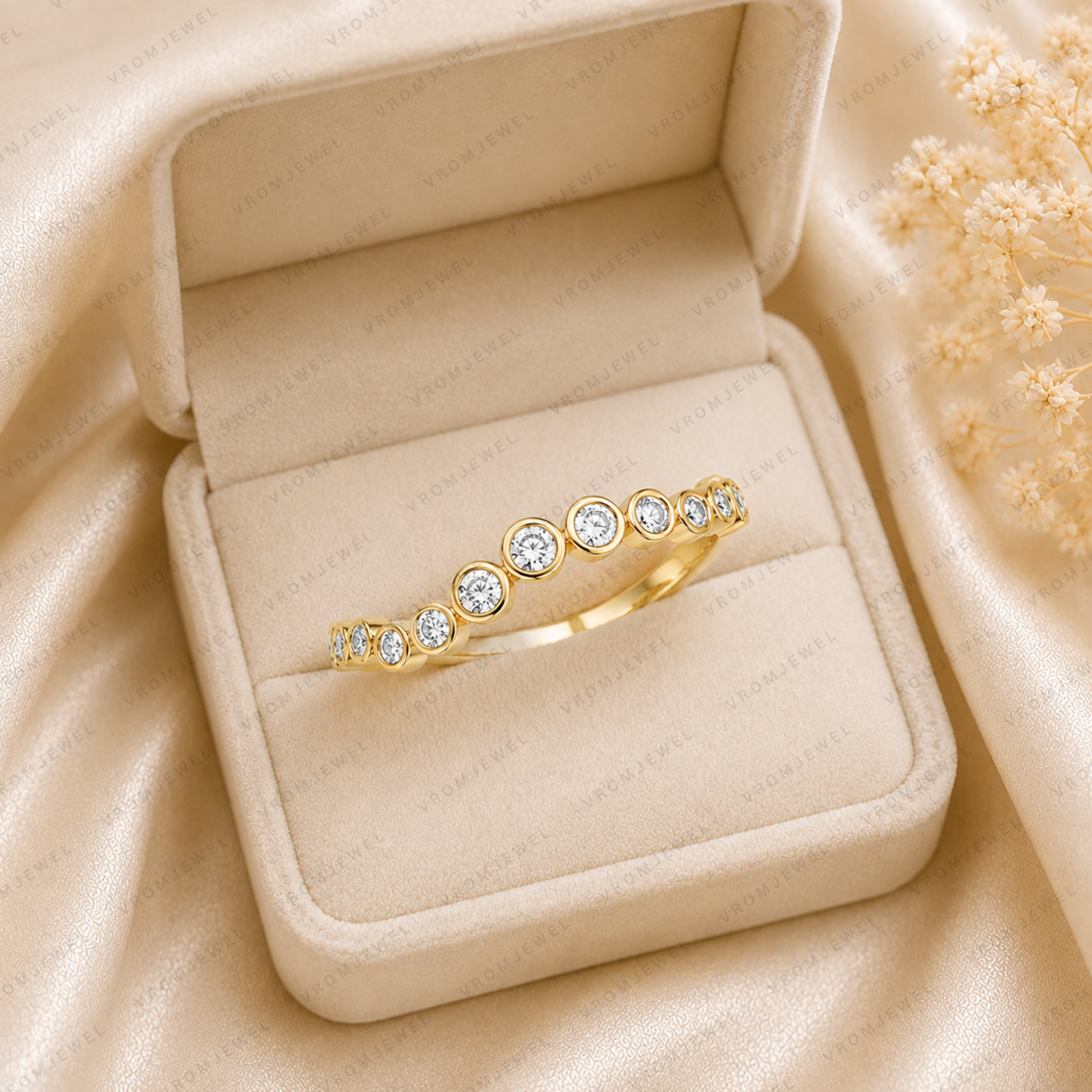 14K Gold Curve Lab Grown Diamond Ring: Bezel Set Stacking Band
