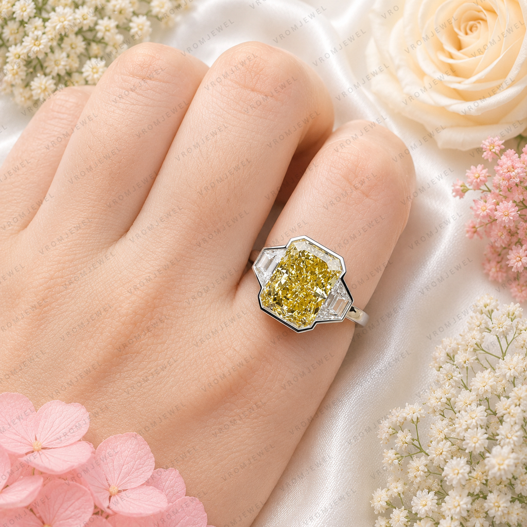 6.00 Carat Yellow Radiant Lab Grown Diamond Ring, Yellow Diamond Engagement Ring, Art Deco Diamond Ring, Baguette Side Stones, 10K 14K 18K