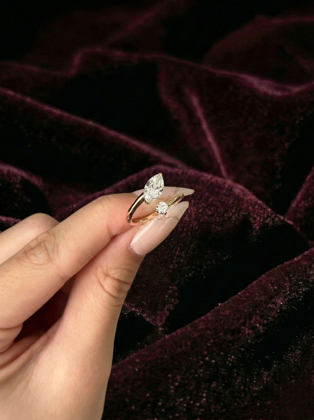Marquise Lab Grown Diamond Engagement Ring with Round Accent Diamond, Modern Open Diamond Ring, 14K Yellow Gold Statement Ring