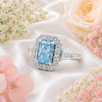 Blue Radiant Cut Lab Grown Diamond Ring, 2 Carat Blue Diamond Engagement Ring, Halo Ring, Baguette Side Stones, Statement Ring, 10K 14K 18K