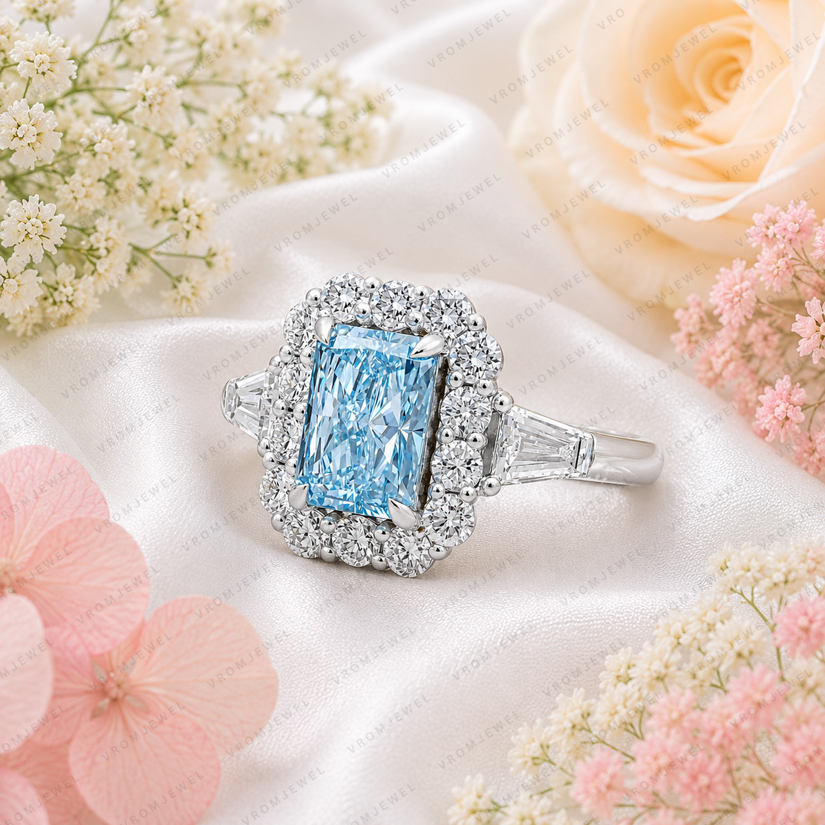 Blue Radiant Cut Lab Grown Diamond Ring, 2 Carat Blue Diamond Engagement Ring, Halo Ring, Baguette Side Stones, Statement Ring, 10K 14K 18K