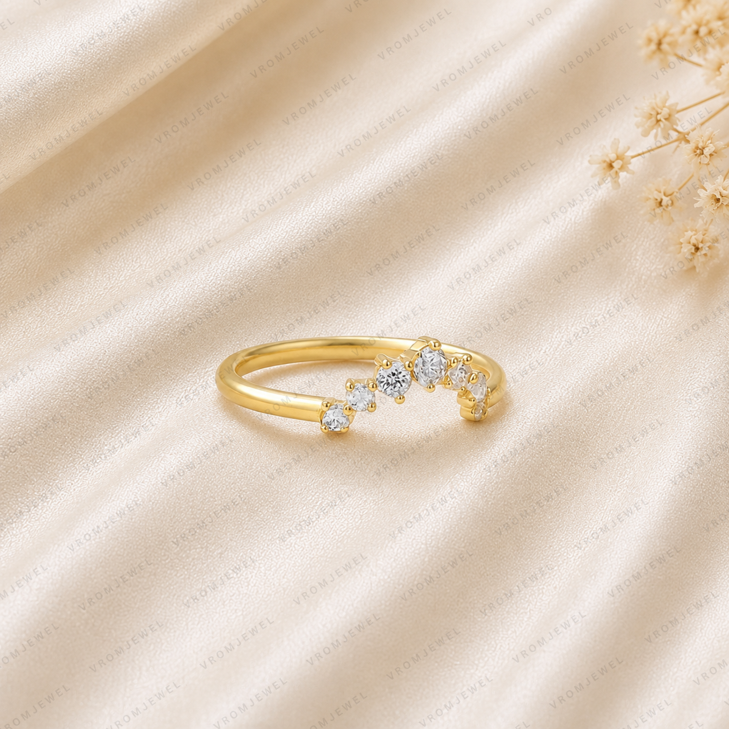 Curved Wedding Band | Lab Grown Diamond | 14K Yellow Gold | Stacking Anniversary Ring