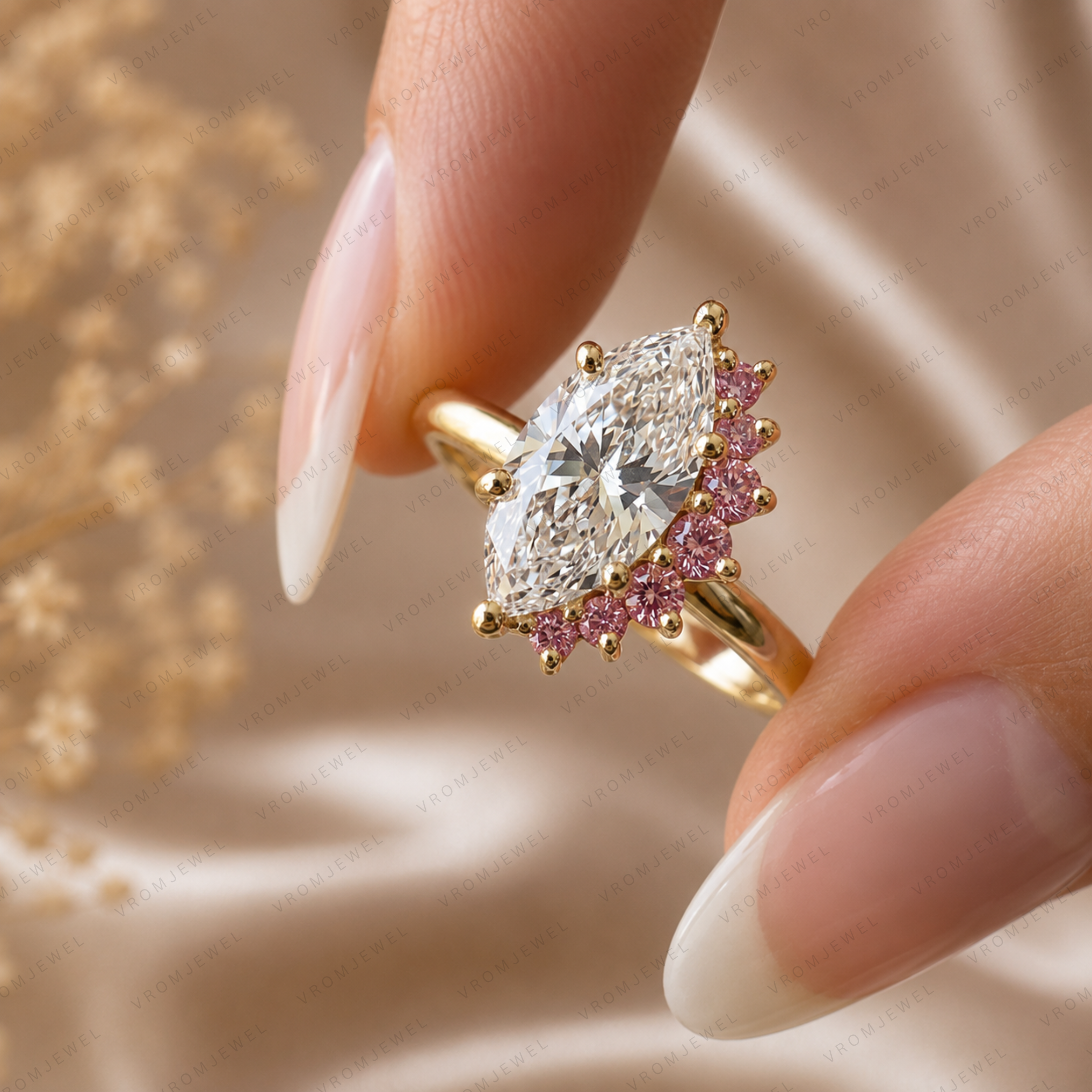 Marquise Lab Grown Diamond & Pink Sapphire Two Stone Ring in 14K or 18K Gold