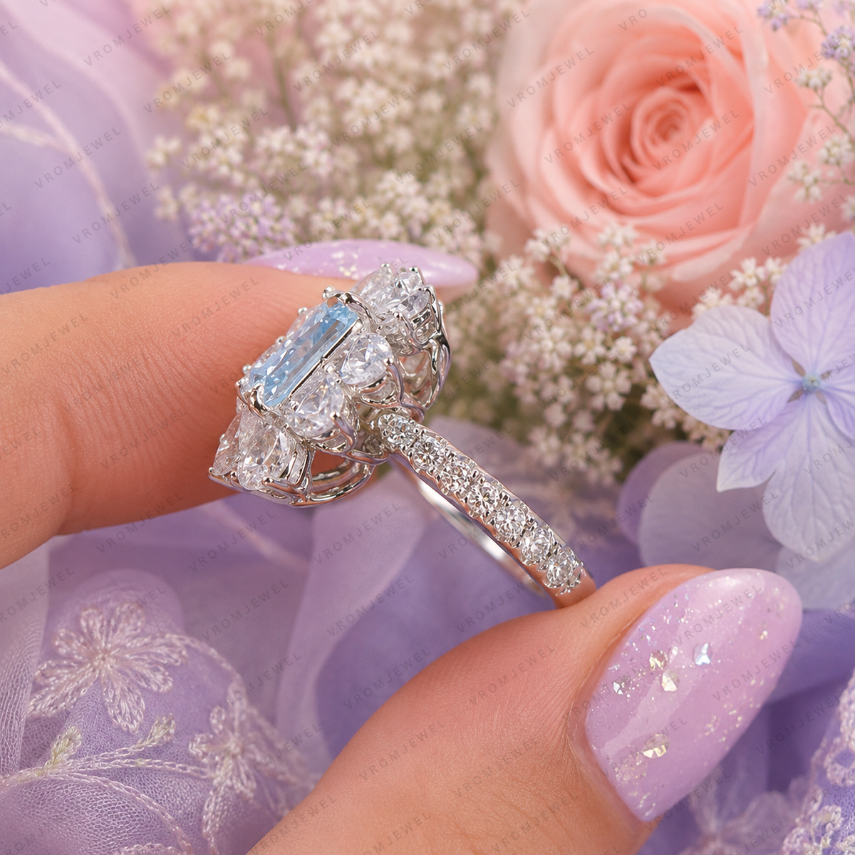 Blue Radiant Lab Grown Diamond Engagement Ring, 1.50 Carat Blue Diamond Ring, Pear Shape Diamond Halo, Floral Engagement Ring, 10K 14K 18K